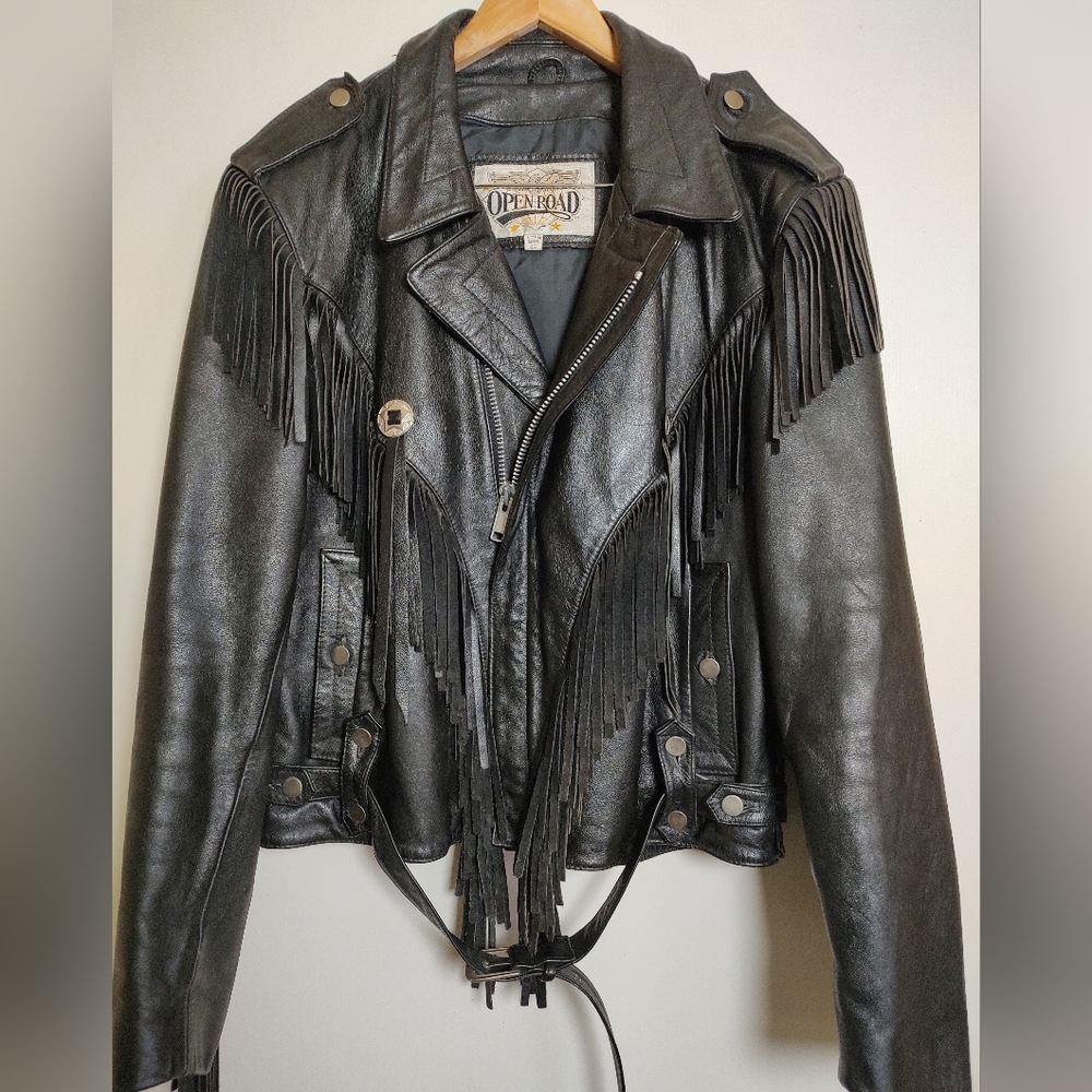 Vintage Open Road Black Fringe Insulated Leather Jacket
